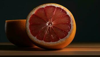 Juicy citrus slice on wooden table, a refreshing healthy snack generated by AI photo