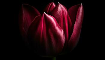 vibrante tulipán florecer, en negro fondo, exhibiendo naturaleza belleza generado por ai foto