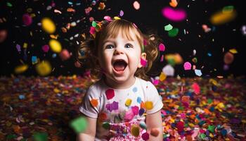 Cute toddler enjoys birthday party with colorful decorations and confetti generated by AI photo