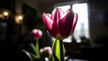 Vibrant bouquet of multi colored tulips brings springtime indoors generated by AI photo