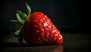 Juicy ripe strawberry, a healthy gourmet dessert on wooden table generated by AI photo