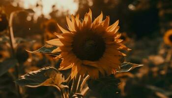 Vibrant sunflower blossom in rural meadow, backlit by sunset orange generated by AI photo