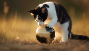 Playful kitten catching ball in meadow, beauty in nature sunset generated by AI photo