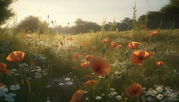 vibrante flores silvestres floración en tranquilo prado a amanecer amanecer generado por ai foto