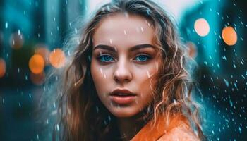 Beautiful young woman with wet brown hair looking at camera generated by AI photo