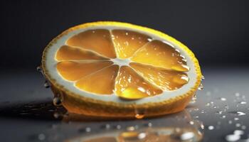 Juicy citrus slice reflects vibrant summer colors on black background generated by AI photo