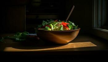 Fresh organic salad, a healthy vegetarian meal on a wooden table generated by AI photo