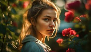 One young adult woman, outdoors in nature, smiling and beautiful generated by AI photo