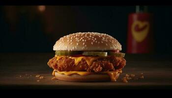 Grilled cheeseburger on sesame bun with fries, a classic American meal generated by AI photo