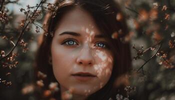 Beautiful young woman smiling, enjoying nature beauty in springtime forest generated by AI photo