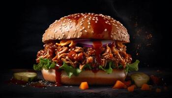 Grilled beef burger on a rustic bun with fresh vegetables generated by AI photo