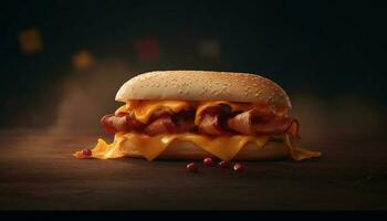 A la parrilla carne de vaca hamburguesa con queso, tocino, y tomate en bollo generado por ai foto