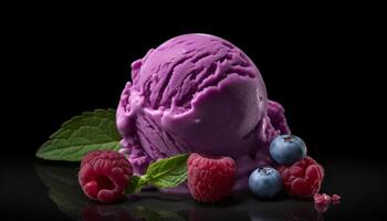 indulgente gastrónomo postre baya y menta hielo crema esfera en plato generado por ai foto