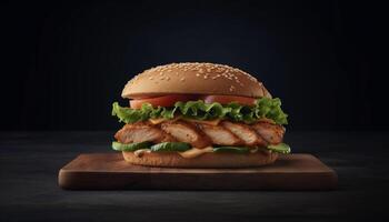 Gourmet cheeseburger on rustic wood table with fresh ingredients generated by AI photo