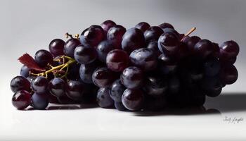 Fresh purple grapes on a leafy branch, nature sweet refreshment generated by AI photo