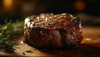 Juicy grilled steak with herb spice on rustic wood plate generated by AI photo