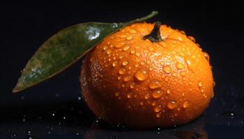 Juicy citrus slice splashing in refreshing wave of autumn dew generated by AI photo