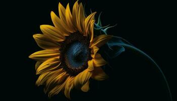 Vibrant sunflower blossom on black background, nature abstract design generated by AI photo