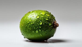 Ripe citrus fruit drops dew on green leaf in macro shot generated by AI photo