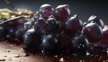 Juicy grape bunch, ripe and sweet, on wet leaf in nature generated by AI photo