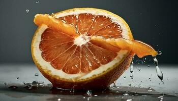 Juicy citrus slice splashing in water, refreshing and healthy drink generated by AI photo