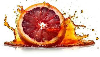 Juicy citrus slice drops into refreshing drink, splashing vibrant colors generated by AI photo