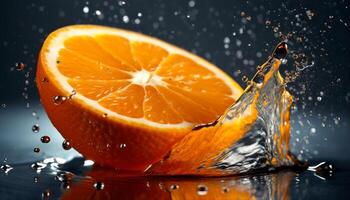 Juicy citrus slice splashing in refreshing water, perfect summer drink generated by AI photo