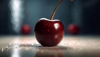 Organic apple shines with freshness on wet table in nature generated by AI photo