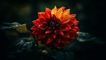 Vibrant multi colored dahlia blossom in wet autumn garden generated by AI photo