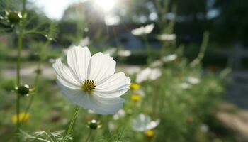 Fresh yellow daisy blossom in tranquil meadow, surrounded by chamomile generated by AI photo