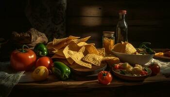 Fresco guacamole y tomate salsa en un rústico de madera mesa generado por ai foto