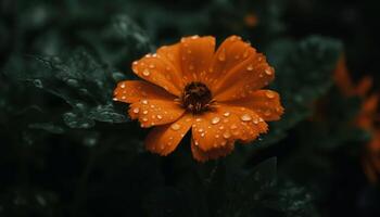 Vibrant wildflower in close up, wet with dew on black background generated by AI photo