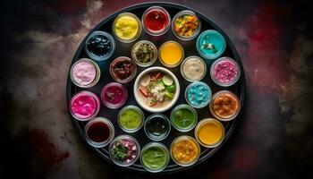 un vibrante colección de multi de colores pinturas en un sucio paleta generado por ai foto