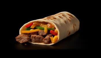 Grilled beef taco with fresh vegetables on flatbread, gourmet meal generated by AI photo