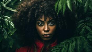 Young woman with curly brown hair looking confidently at camera generated by AI photo