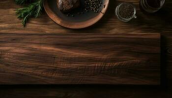 Rustic meal preparation with organic ingredients on wooden table background generated by AI photo