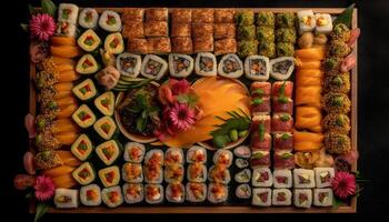 Gourmet seafood meal with fresh sushi and healthy variation generated by AI photo