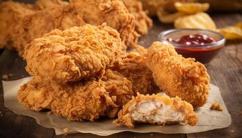 Fried chicken leg on plate, a crunchy appetizer for lunch generated by AI photo