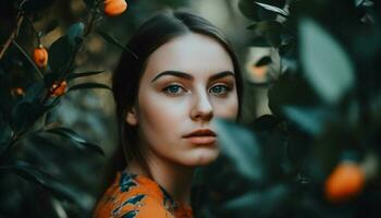 hermosa joven mujer con marrón pelo exuda elegancia en naturaleza generado por ai foto