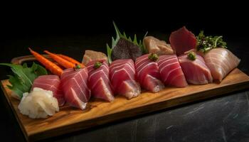 Fresh seafood sashimi plate, healthy eating Japanese delicatessen generated by AI photo