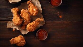 Grilled chicken wings on rustic wooden table with spicy dip generated by AI photo