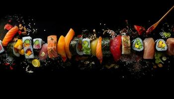 Fresh seafood meal sashimi, maki sushi, nigiri, prawn, tuna, eel generated by AI photo