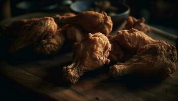 Grilled chicken leg and wing, a rustic barbecue meal generated by AI photo