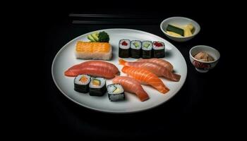 Fresh seafood meal on black plate with maki sushi and nigiri generated by AI photo