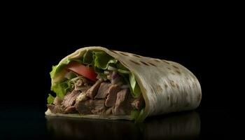 Grilled beef and vegetable wrap sandwich on black plate, fresh and gourmet generated by AI photo