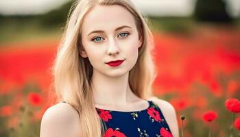 Young adult woman smiling, looking at camera, surrounded by nature generated by AI photo