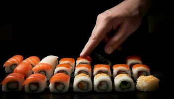 Fresh seafood meal on black plate, close up of maki sushi generated by AI photo