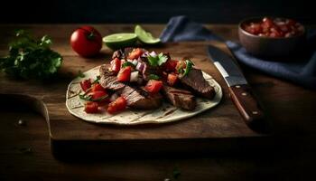 A la parrilla carne de vaca filete con Fresco tomate ensalada en rústico madera plato generado por ai foto