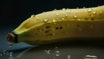 sano plátano bocadillo con Rocío gotas en orgánico verde antecedentes generado por ai foto
