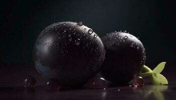 Ripe fruit levitates in abstract space, reflecting freshness and dew generated by AI photo